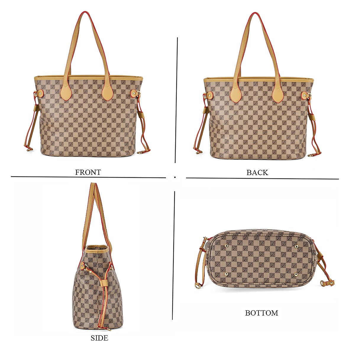Apricot Color with Brown Checks Print Faux Leather Tote Bag with Apricot Handle image number 3