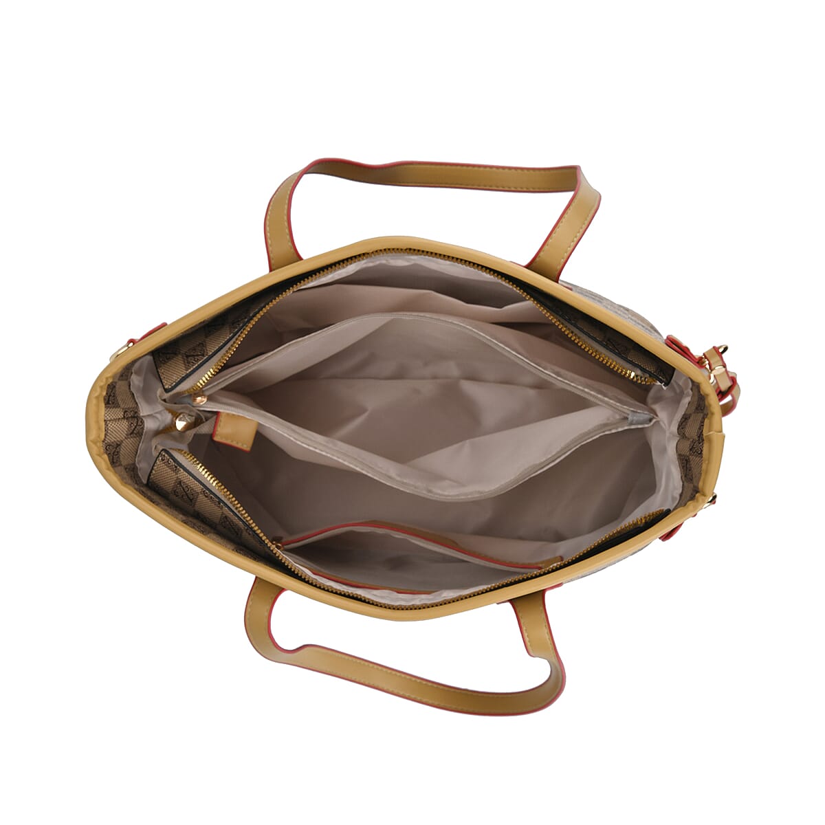 Apricot Color with Brown Checks Print Faux Leather Tote Bag with Apricot Handle image number 4