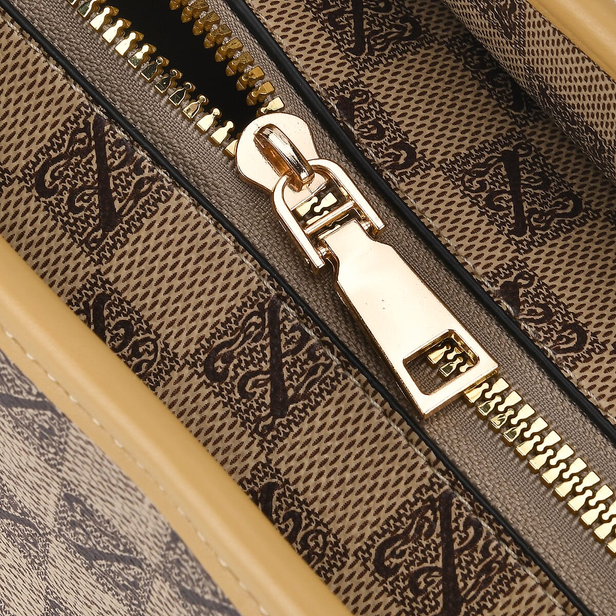 Apricot Color with Brown Checks Print Faux Leather Tote Bag with Apricot Handle image number 5