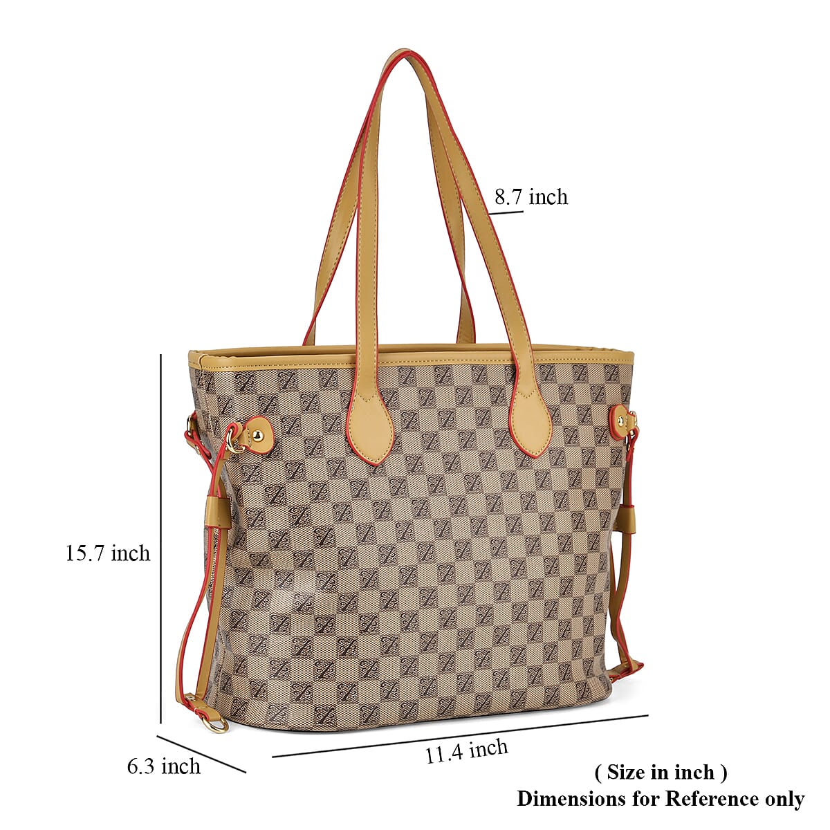 Apricot Color with Brown Checks Print Faux Leather Tote Bag with Apricot Handle image number 6