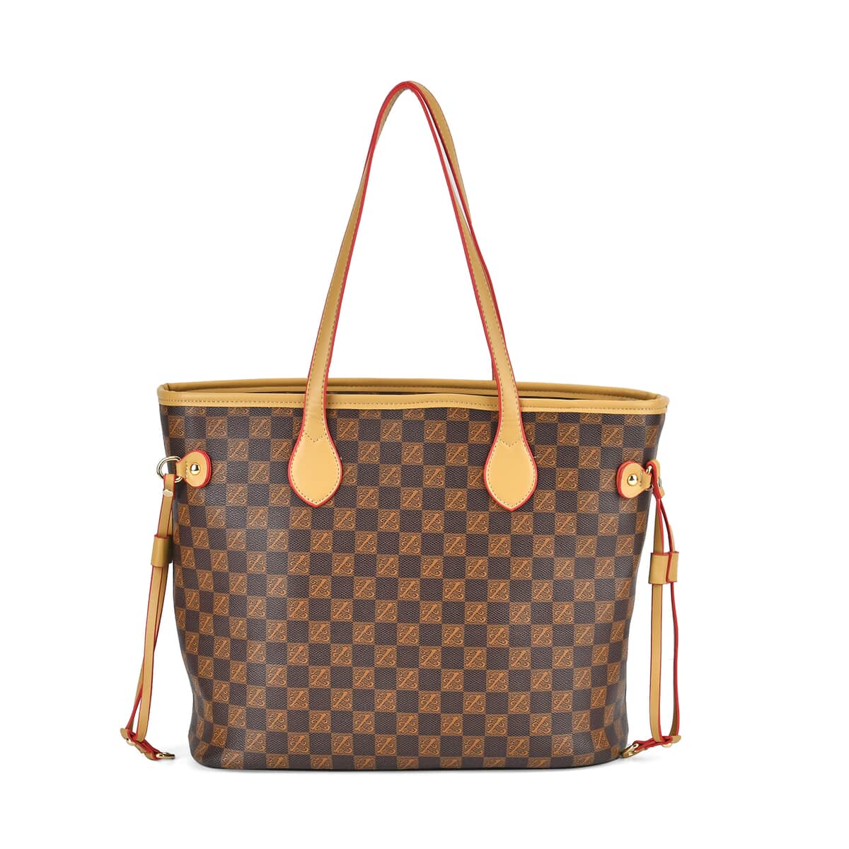 Coffee with Checker Print Faux Leather Tote Bag with Apricot Handle image number 0