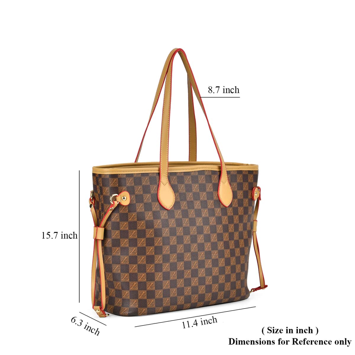 Coffee with Checker Print Faux Leather Tote Bag with Apricot Handle image number 6