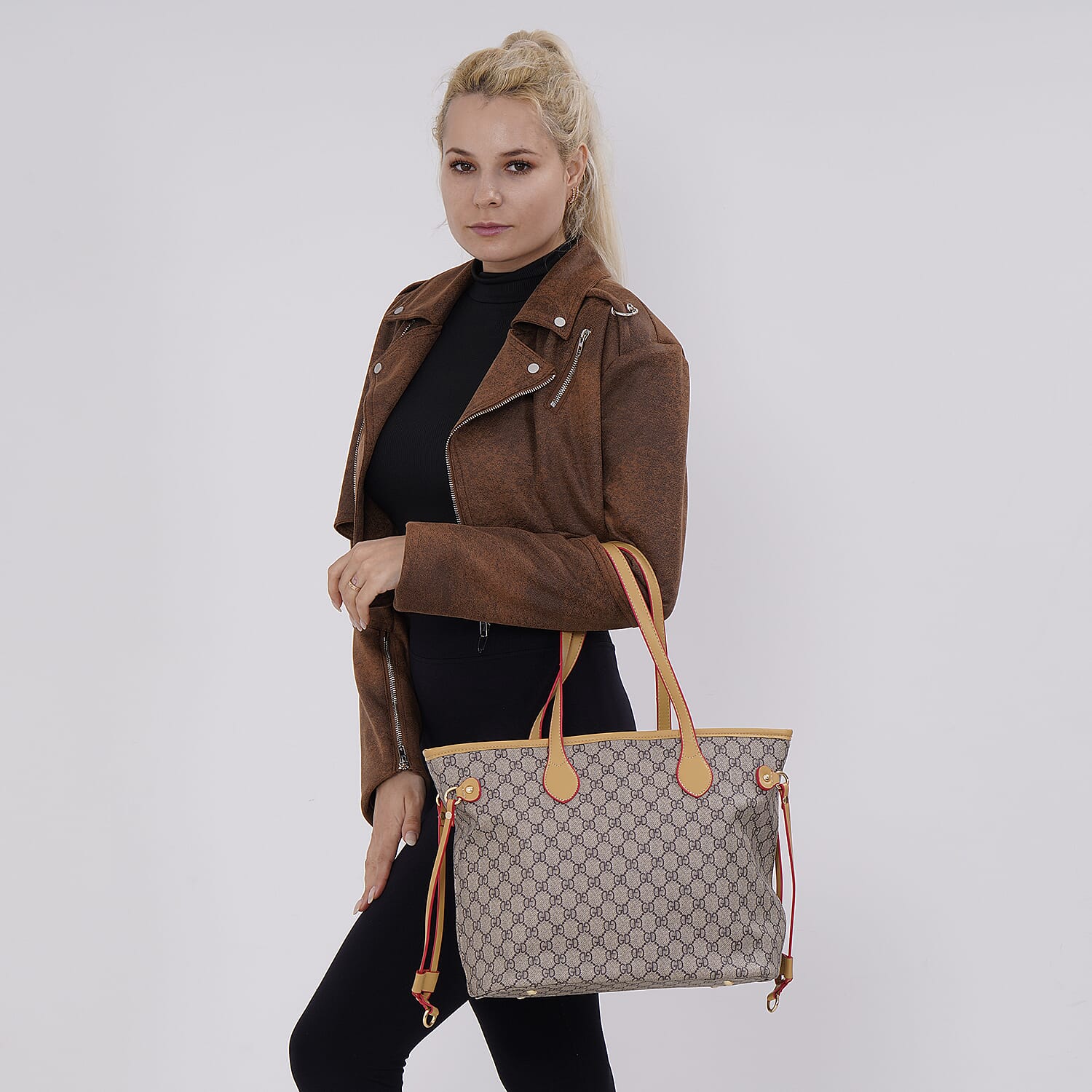 Buy Gray with GD Print Faux Leather Tote Bag with Apricot Handle