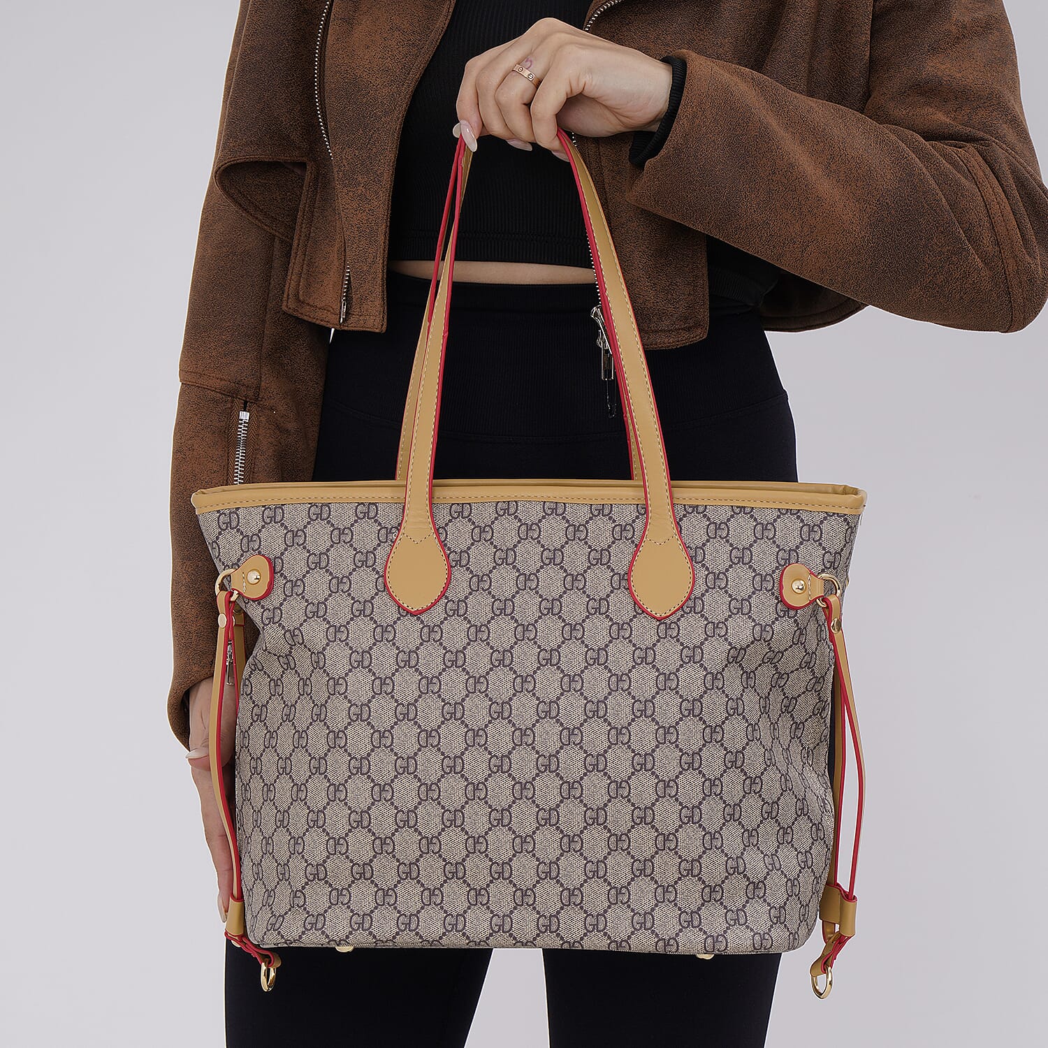 Buy Gray with GD Print Faux Leather Tote Bag with Apricot Handle
