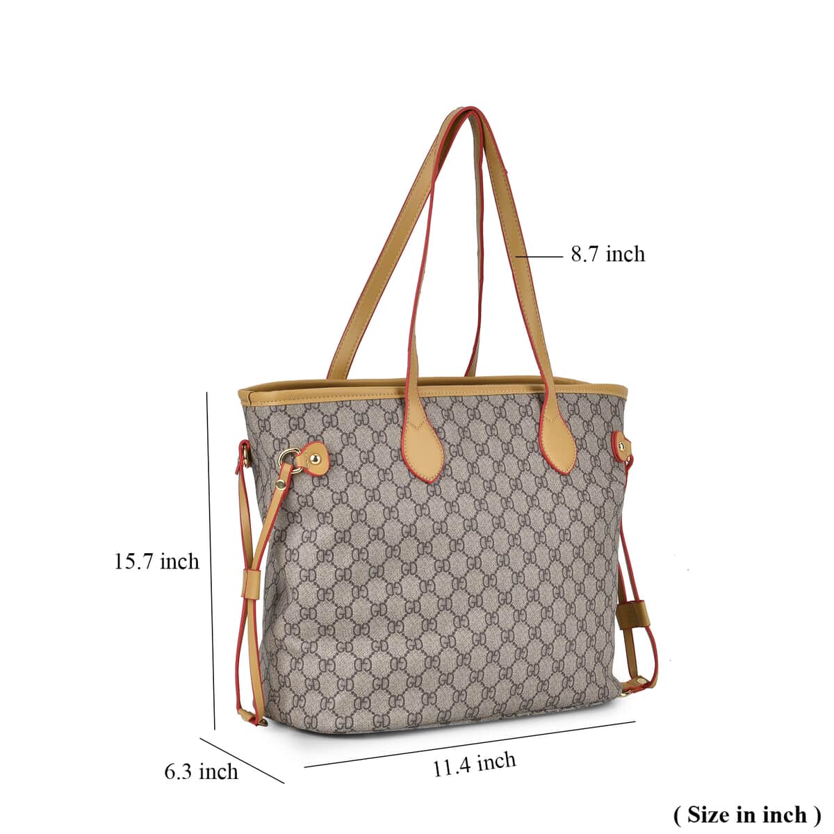 Gray with GD Print Faux Leather Tote Bag with Apricot Handle image number 6