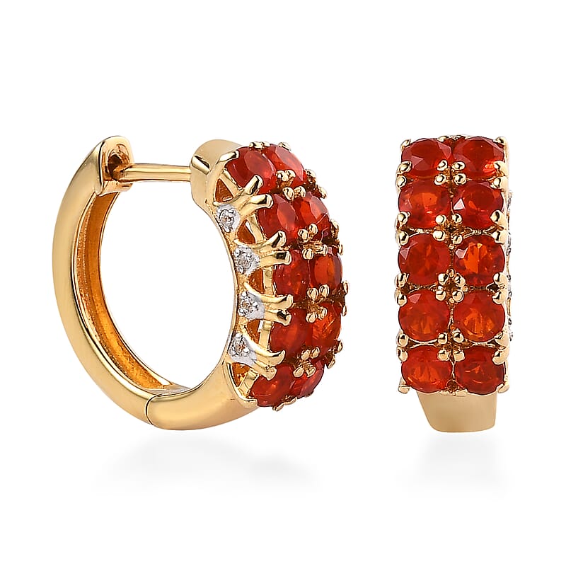 AAAA Crimson Fire Opal and White Zircon 1.70 ctw Hoop Earrings in 18K Vermeil Yellow Gold Over Sterling Silver