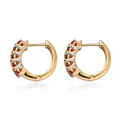 AAAA Crimson Fire Opal and White Zircon 1.70 ctw Hoop Earrings in 18K Vermeil Yellow Gold Over Sterling Silver
