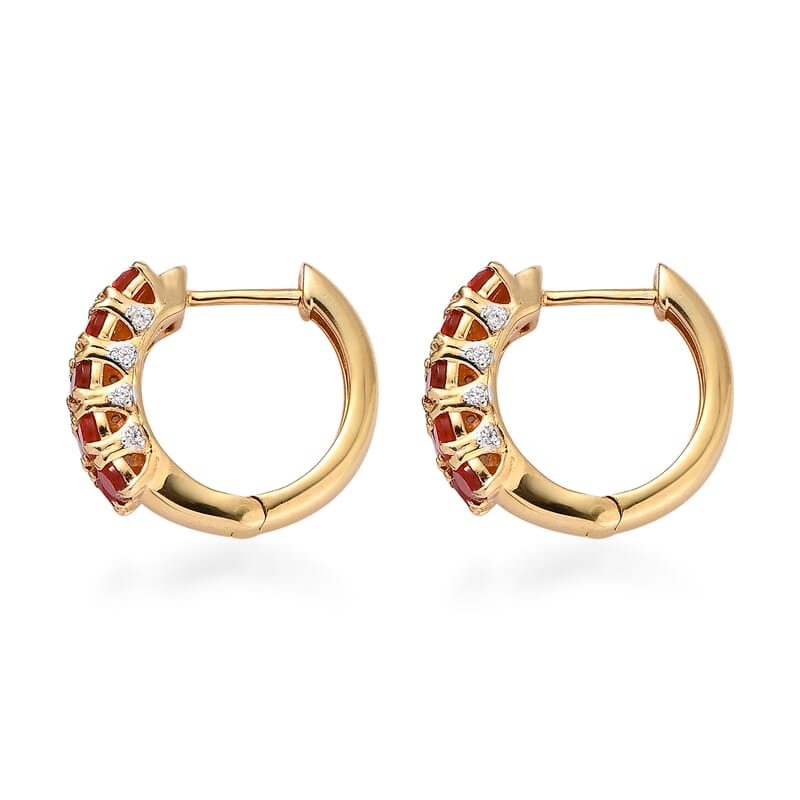 AAAA Crimson Fire Opal and White Zircon 1.70 ctw Hoop Earrings in 18K Vermeil Yellow Gold Over Sterling Silver