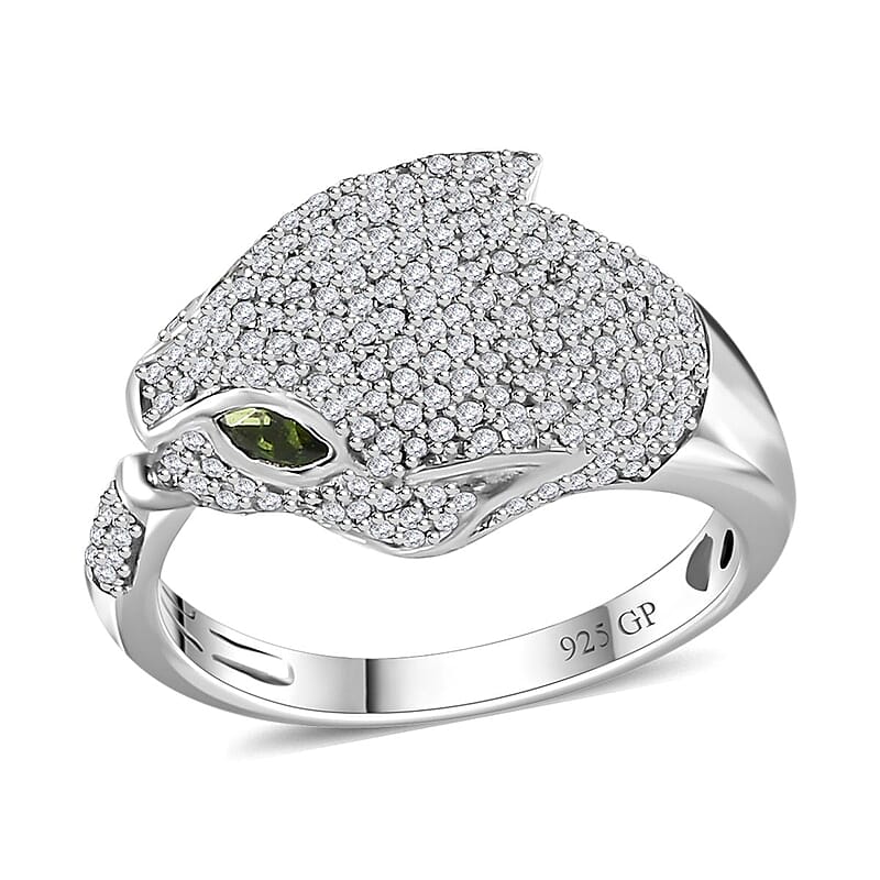GP Trionfo Collection Chrome Diopside and Diamond Panther Head Ring in Platinum Over Sterling Silver (Size 10.0) 1.25 ctw