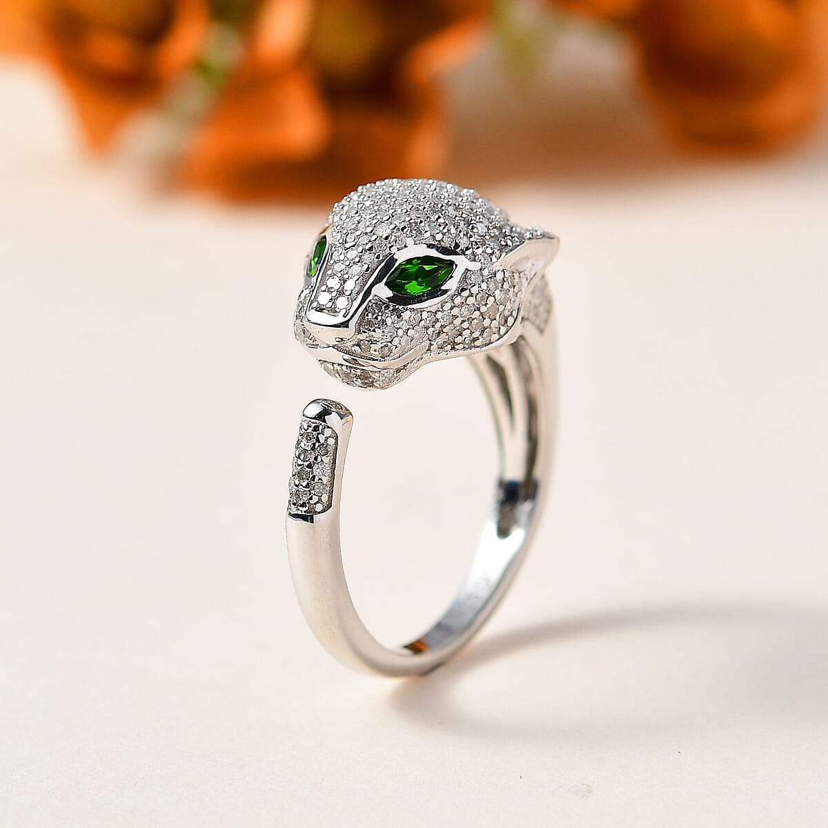 GP Chrome Diopside and Diamond Panther Head Ring in Platinum Over Sterling Silver (Size 10.0) 1.25 ctw image number 1