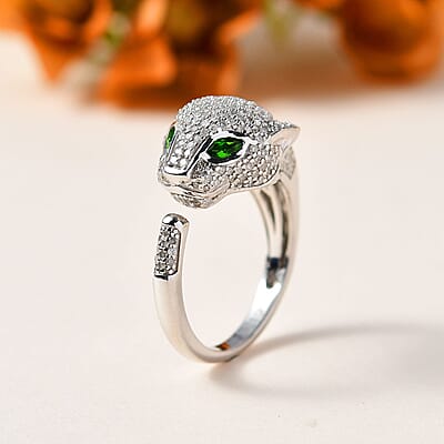 GP Trionfo Collection Chrome Diopside and Diamond Panther Head Ring in Platinum Over Sterling Silver (Size 10.0) 1.25 ctw