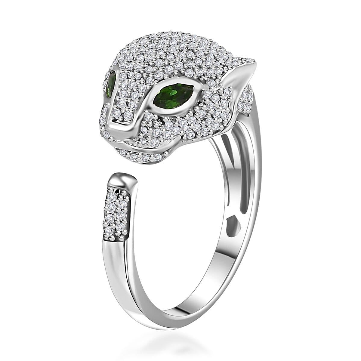 GP Chrome Diopside and Diamond Panther Head Ring in Platinum Over Sterling Silver (Size 10.0) 1.25 ctw image number 3