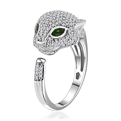GP Trionfo Collection Chrome Diopside and Diamond Panther Head Ring in Platinum Over Sterling Silver (Size 10.0) 1.25 ctw