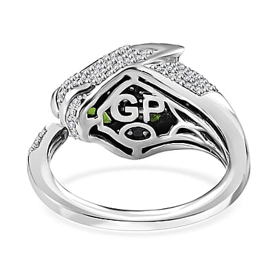 GP Trionfo Collection Chrome Diopside and Diamond Panther Head Ring in Platinum Over Sterling Silver (Size 10.0) 1.25 ctw