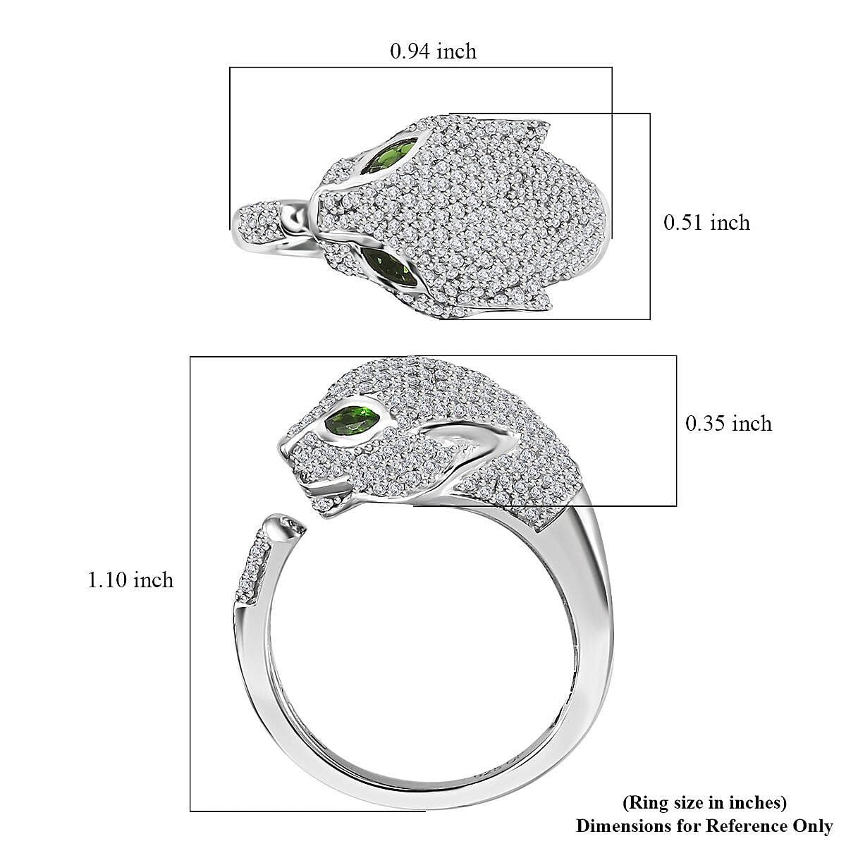 GP Trionfo Collection Chrome Diopside and Diamond Panther Head Ring in Platinum Over Sterling Silver (Size 10.0) 1.25 ctw