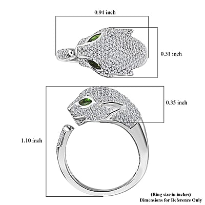 GP Trionfo Collection Chrome Diopside and Diamond Panther Head Ring in Platinum Over Sterling Silver (Size 10.0) 1.25 ctw