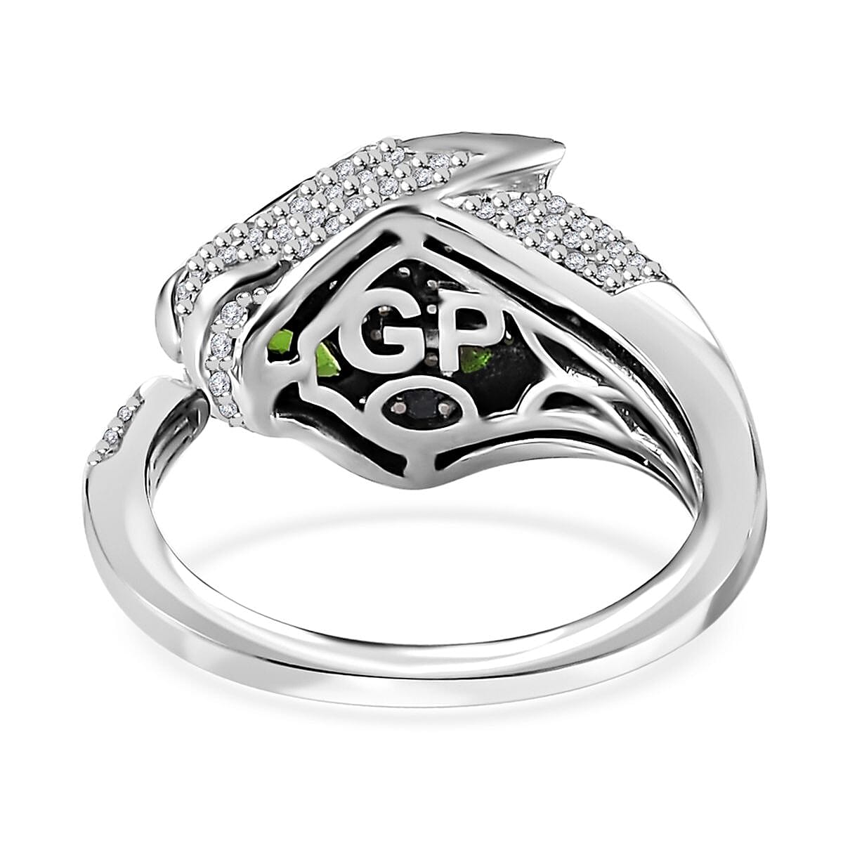 GP Trionfo Collection Chrome Diopside and Diamond Panther Head Ring in Platinum Over Sterling Silver (Size 5.0) 1.25 ctw image number 4