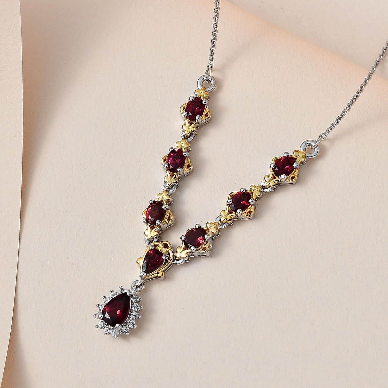 D'Joy Ouro Fino Rubellite and White Zircon Necklace 18-20 Inches in Vermeil YG and Platinum Over Sterling Silver 1.80 ctw