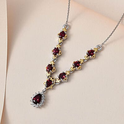D'Joy Ouro Fino Rubellite and White Zircon Necklace 18-20 Inches in Vermeil YG and Platinum Over Sterling Silver 1.80 ctw