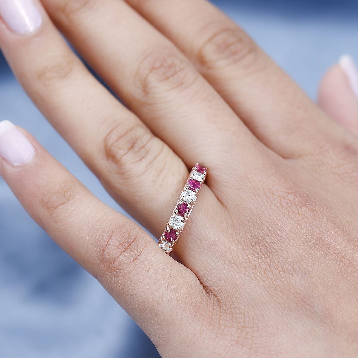 Ouro Fino Rubellite and Moissanite 1.00 ctw Ring in Vermeil Rose Gold Over Sterling Silver (Size 7.0) image number 2