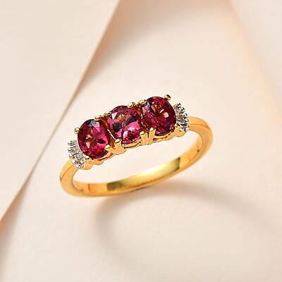 Premium Ouro Fino Rubellite and White Diamond Ring in Vermeil Yellow Gold Over Sterling Silver (Size 6.0) 1.10 ctw