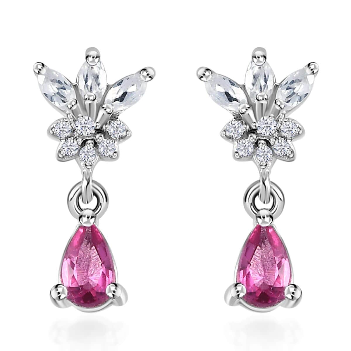 Ouro Fino Rubellite and White Zircon Drop Earrings in Platinum Over Sterling Silver 0.65 ctw image number 0