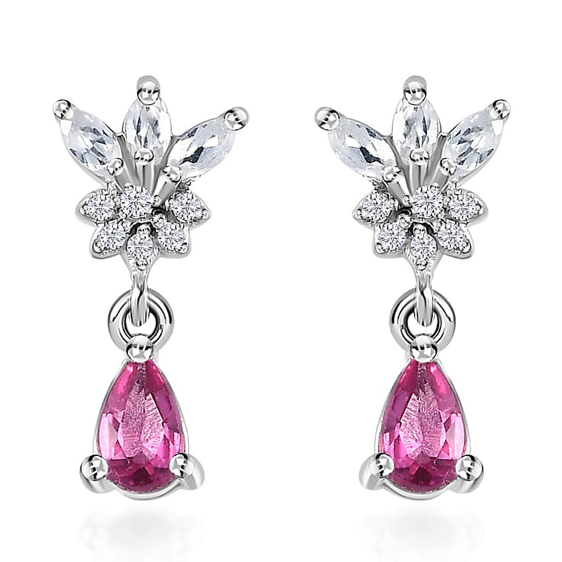Ouro Fino Rubellite and White Zircon Drop Earrings in Platinum Over Sterling Silver 0.65 ctw