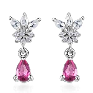Ouro Fino Rubellite and White Zircon Drop Earrings in Platinum Over Sterling Silver 0.65 ctw