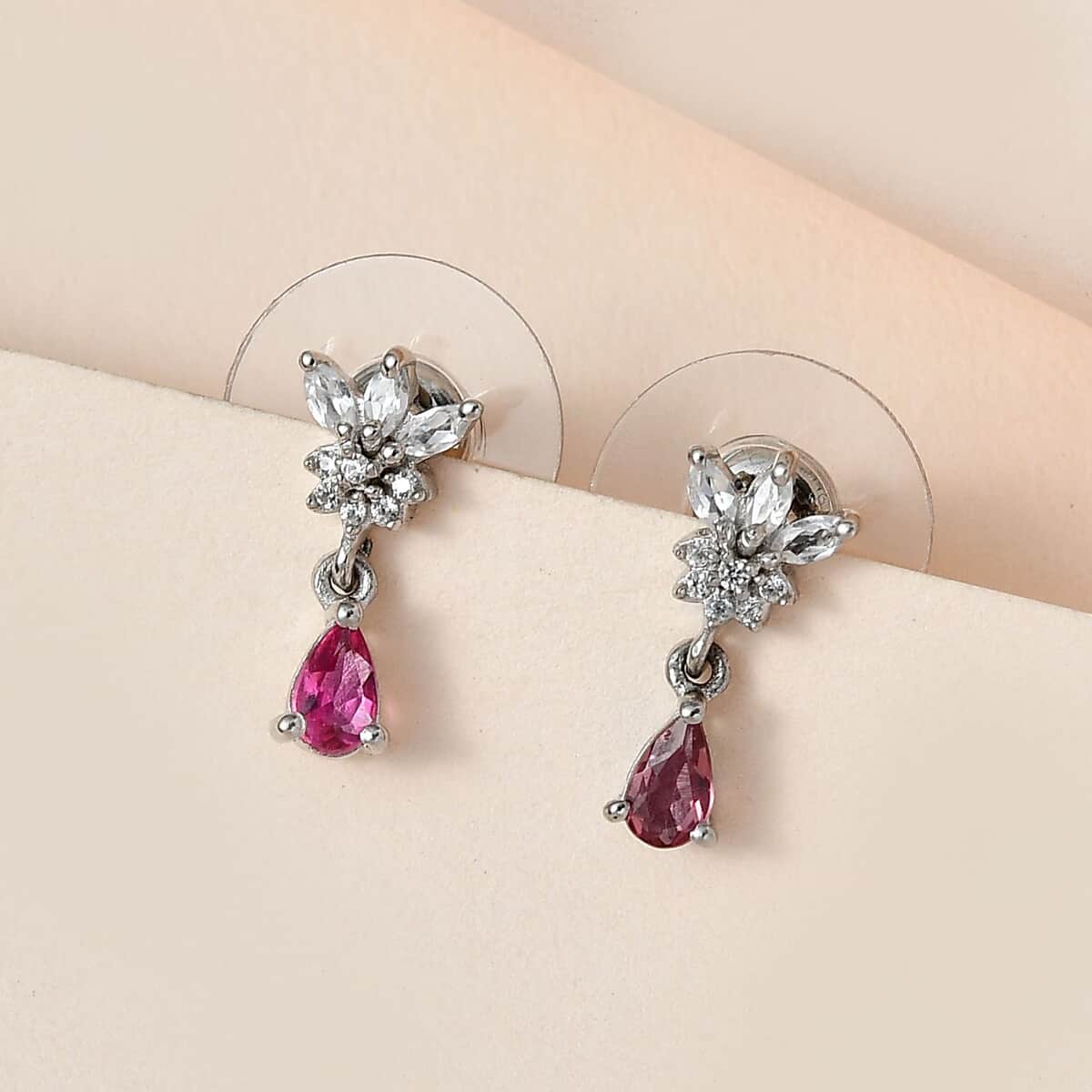 Ouro Fino Rubellite and White Zircon Drop Earrings in Platinum Over Sterling Silver 0.65 ctw image number 1