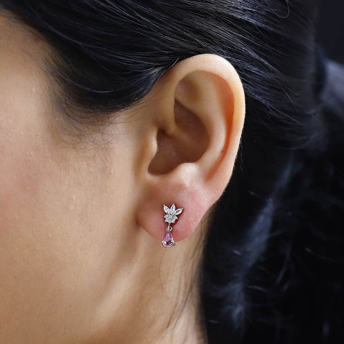 Ouro Fino Rubellite and White Zircon Drop Earrings in Platinum Over Sterling Silver 0.65 ctw image number 2