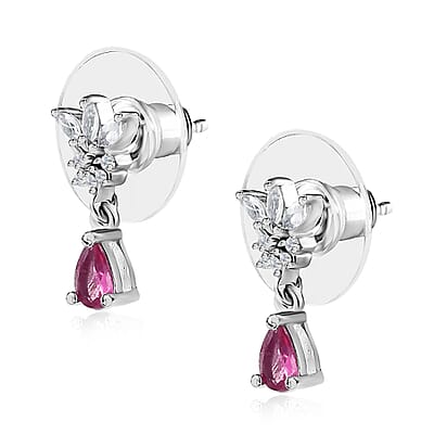 Ouro Fino Rubellite and White Zircon Drop Earrings in Platinum Over Sterling Silver 0.65 ctw