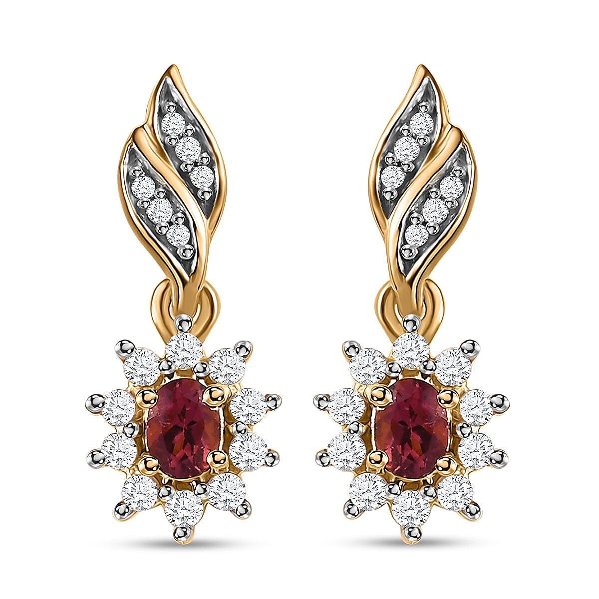 Ouro Fino Rubellite and White Zircon Sunburst Earrings in Vermeil Yellow Gold Over Sterling Silver 0.85 ctw