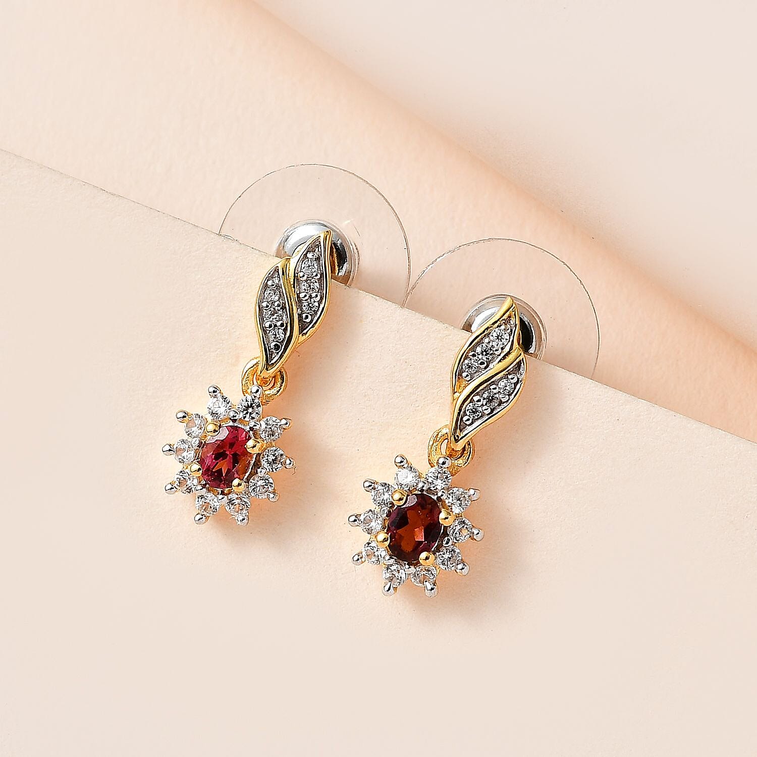 Ouro Fino Rubellite and White Zircon Sunburst Earrings in Vermeil Yellow Gold Over Sterling Silver 0.85 ctw