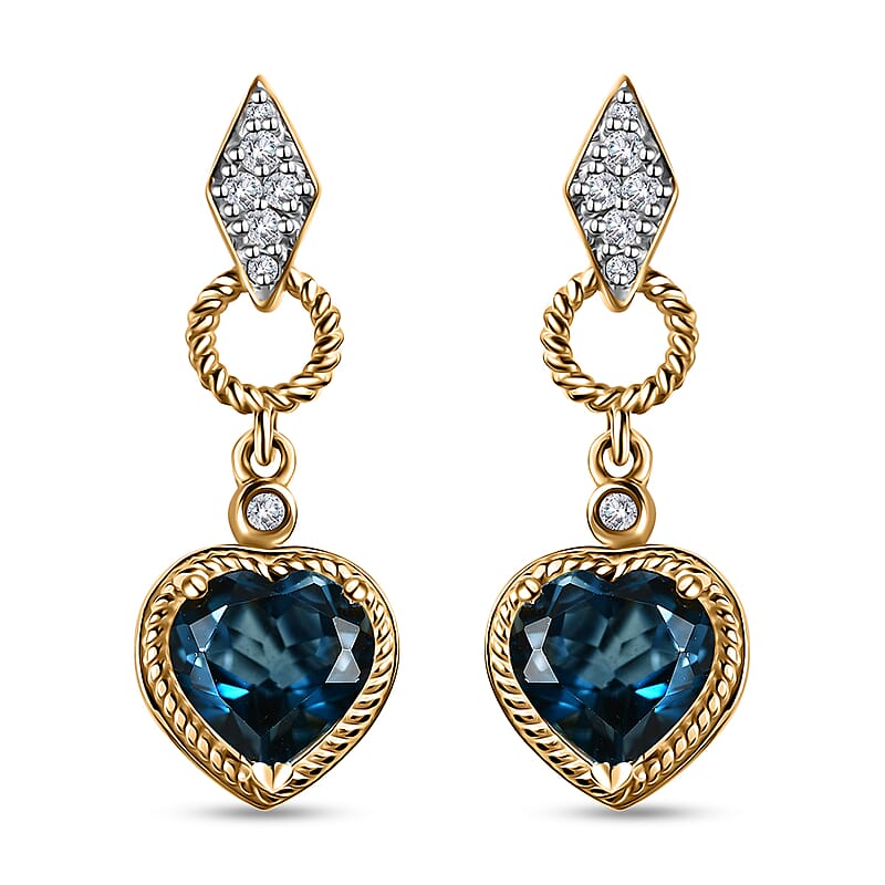 London Blue Topaz and Moissanite Earrings in Platinum and Vermeil Yellow Gold Over Sterling Silver 4.40 ctw