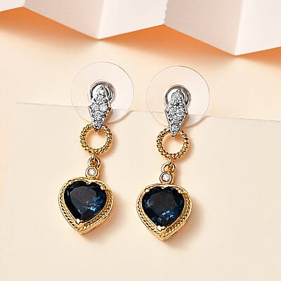 London Blue Topaz and Moissanite Earrings in Platinum and Vermeil Yellow Gold Over Sterling Silver 4.40 ctw