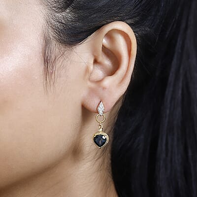 London Blue Topaz and Moissanite Earrings in Platinum and Vermeil Yellow Gold Over Sterling Silver 4.40 ctw