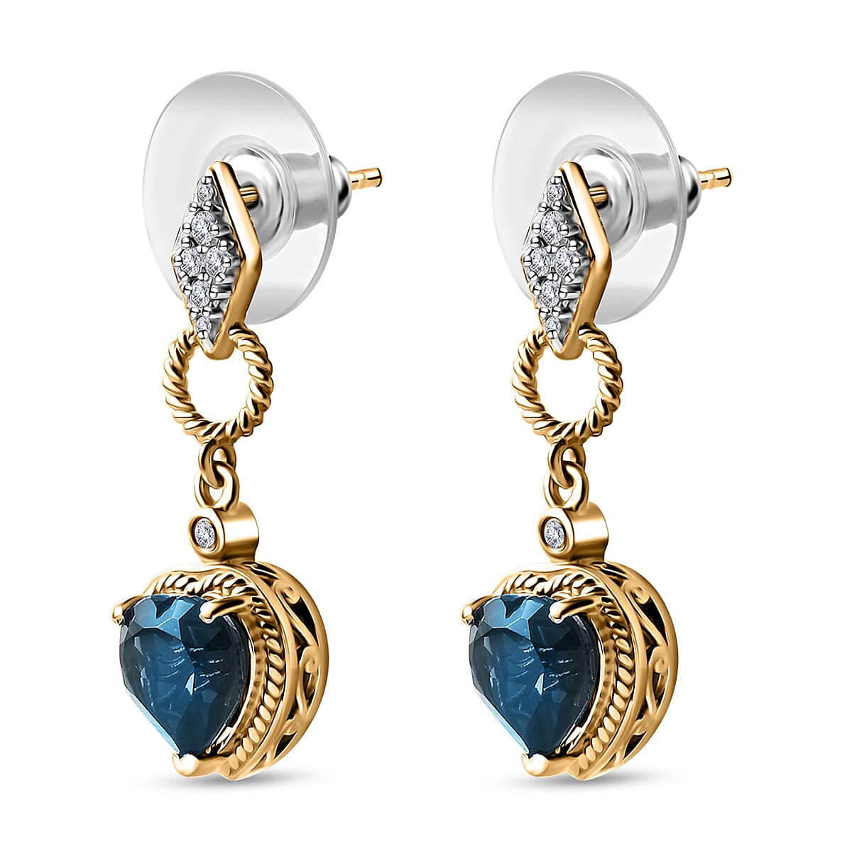 London Blue Topaz and Moissanite Earrings in Platinum and Vermeil Yellow Gold Over Sterling Silver 4.40 ctw