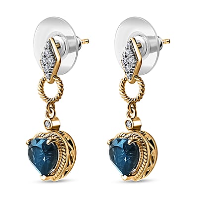 London Blue Topaz and Moissanite Earrings in Platinum and Vermeil Yellow Gold Over Sterling Silver 4.40 ctw