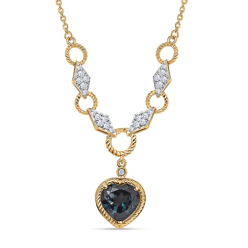 London Blue Topaz and Moissanite Heart Necklace 18 Inches in Vermeil Yellow Gold Over Sterling Silver 4.25 ctw