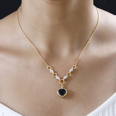 London Blue Topaz and Moissanite Heart Necklace 18 Inches in Vermeil Yellow Gold Over Sterling Silver 4.25 ctw