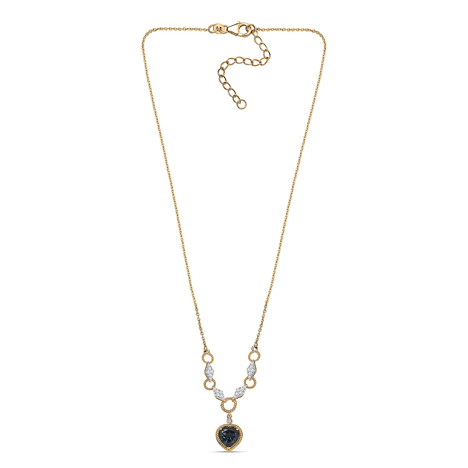 London Blue Topaz and Moissanite Heart Necklace 18 Inches in Vermeil Yellow Gold Over Sterling Silver 4.25 ctw