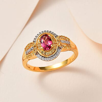 Ouro Fino Rubellite and Multi Gemstone Ring in Vermeil Yellow Gold Over Sterling Silver (Size 10.0) 0.90 ctw
