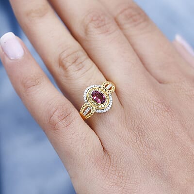 Ouro Fino Rubellite and Multi Gemstone Ring in Vermeil Yellow Gold Over Sterling Silver (Size 10.0) 0.90 ctw