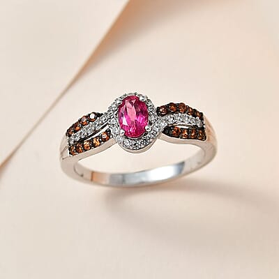 Premium Ouro Fino Rubellite, Brown and White Zircon Ring in Platinum Over Sterling Silver (Size 10.0) 0.90 ctw