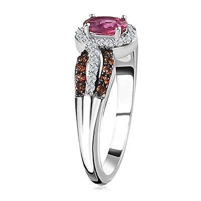Premium Ouro Fino Rubellite, Brown and White Zircon Ring in Platinum Over Sterling Silver (Size 10.0) 0.90 ctw