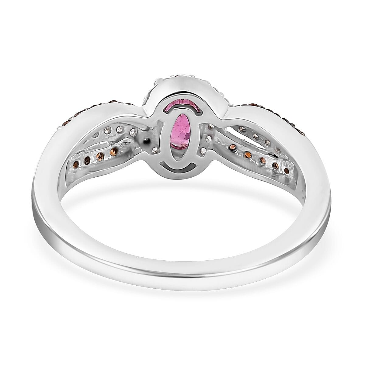 Premium Ouro Fino Rubellite, Brown and White Zircon Ring in Platinum Over Sterling Silver (Size 10.0) 0.90 ctw