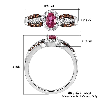 Premium Ouro Fino Rubellite, Brown and White Zircon Ring in Platinum Over Sterling Silver (Size 10.0) 0.90 ctw