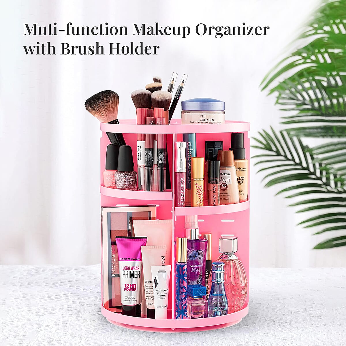 Pink 360 Degree Rotating Adjustable Multi-function Makeup Organizer with Brush Holder image number 1