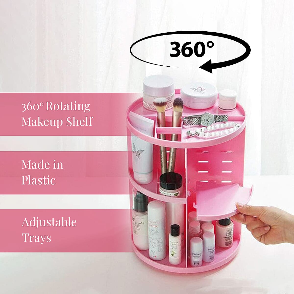 Pink 360 Degree Rotating Adjustable Multi-function Makeup Organizer with Brush Holder image number 3