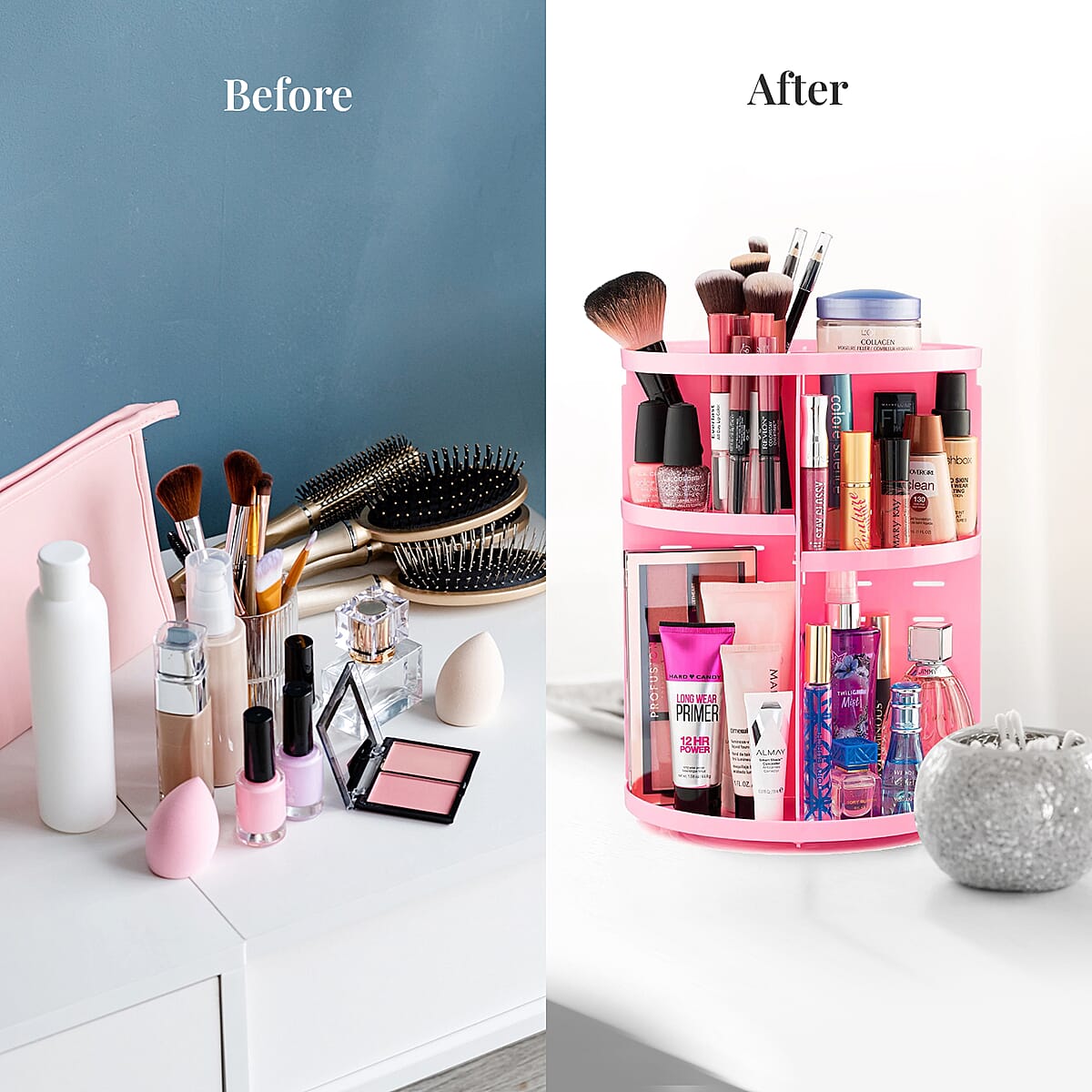 Pink 360 Degree Rotating Adjustable Multi-function Makeup Organizer with Brush Holder image number 4